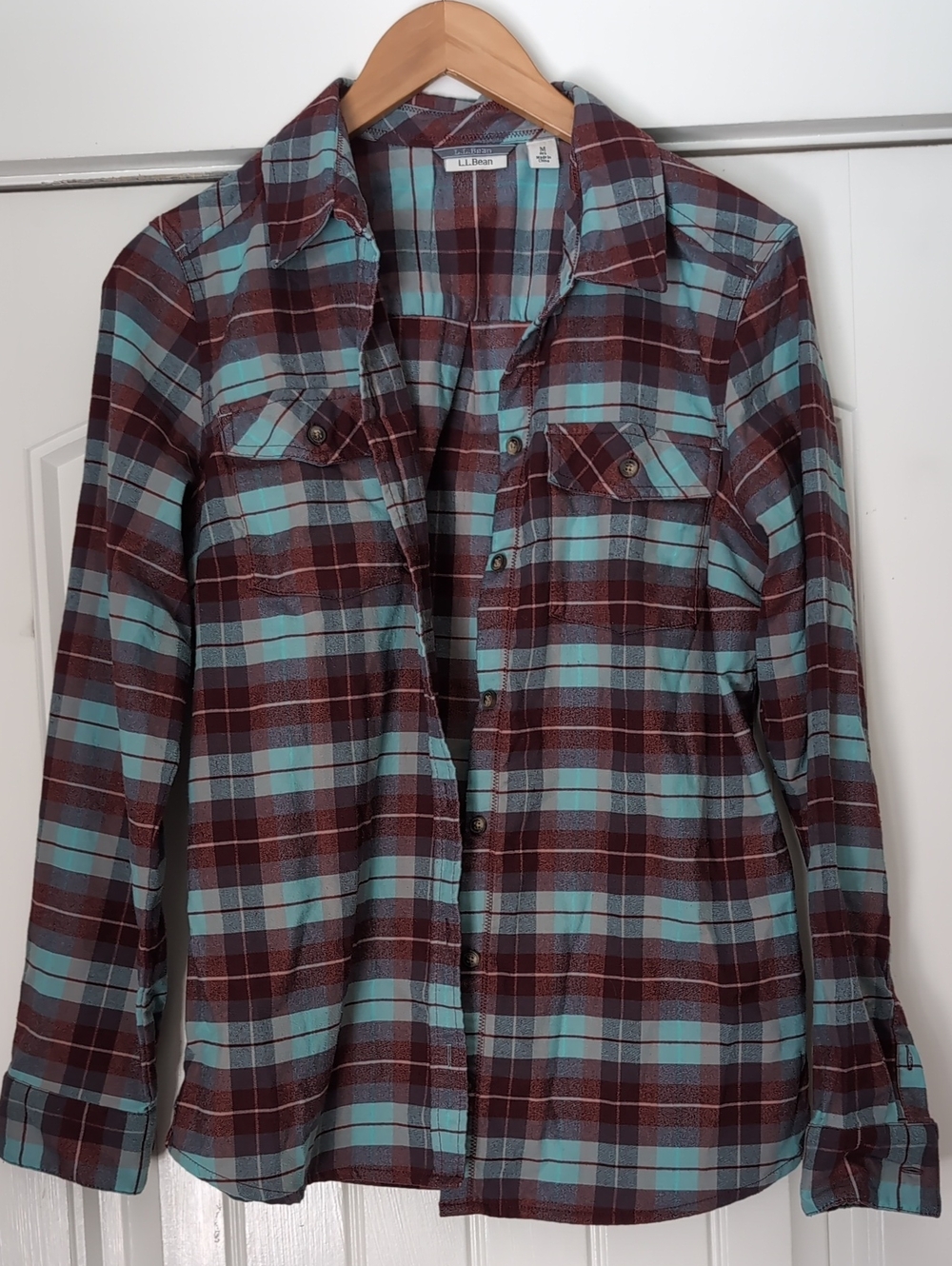 L.L. Bean Women's Plaid Button-Down Shirt - Teal & Burgundy
